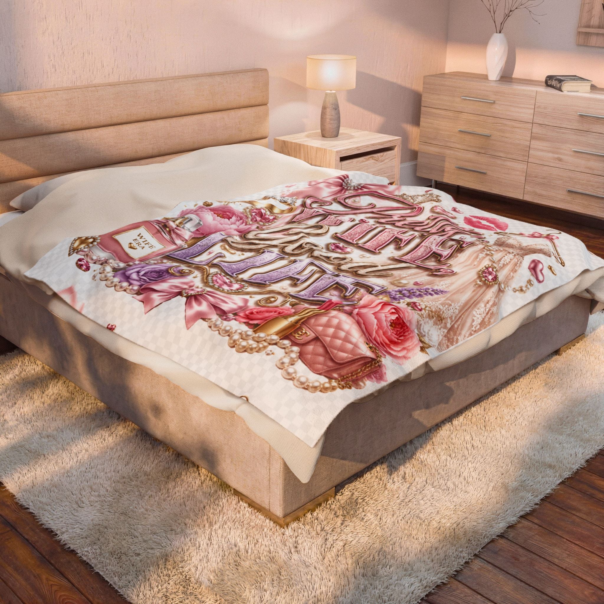 Velveteen Plush Blanket – "Pretty Wife Good Life" Pink Glam Cozy Throw