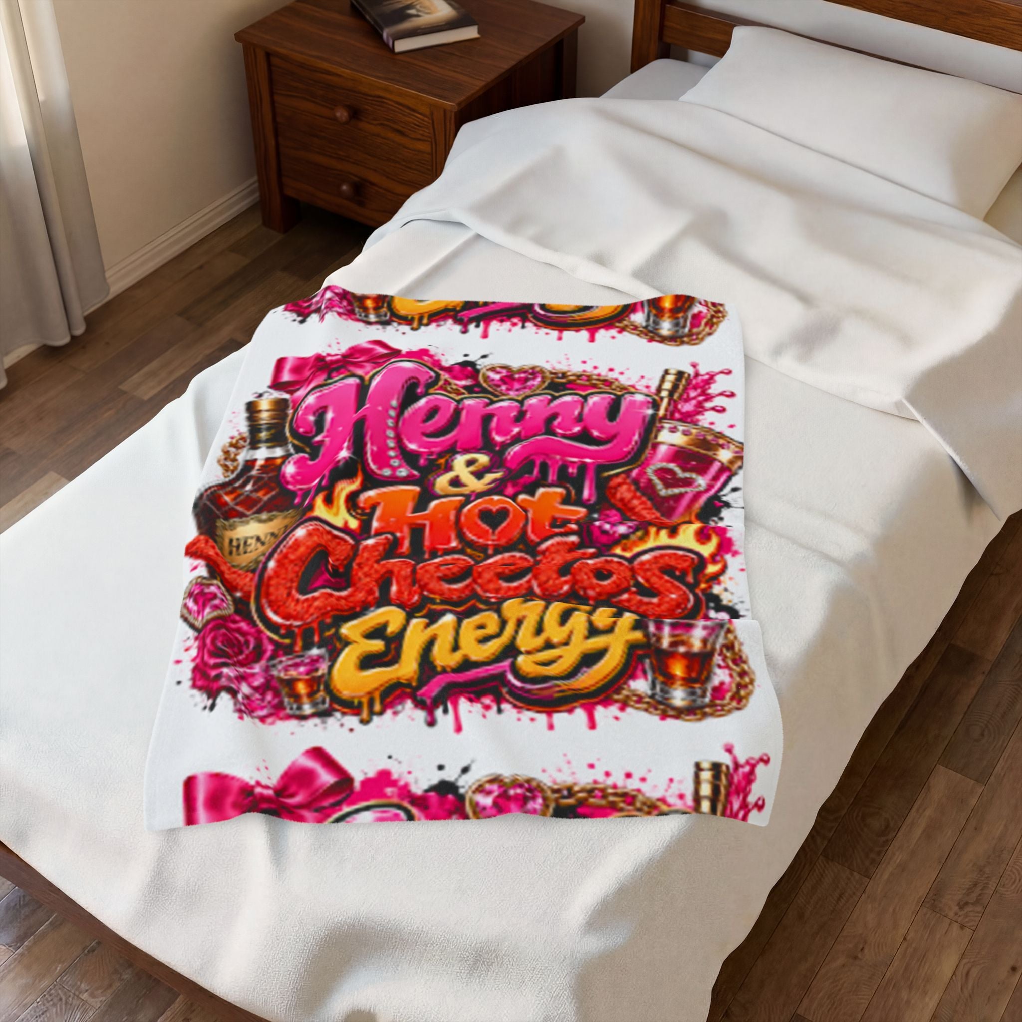 Henny & Hot Cheetos Energy Velveteen Plush Blanket — Bold Neon Party Throw