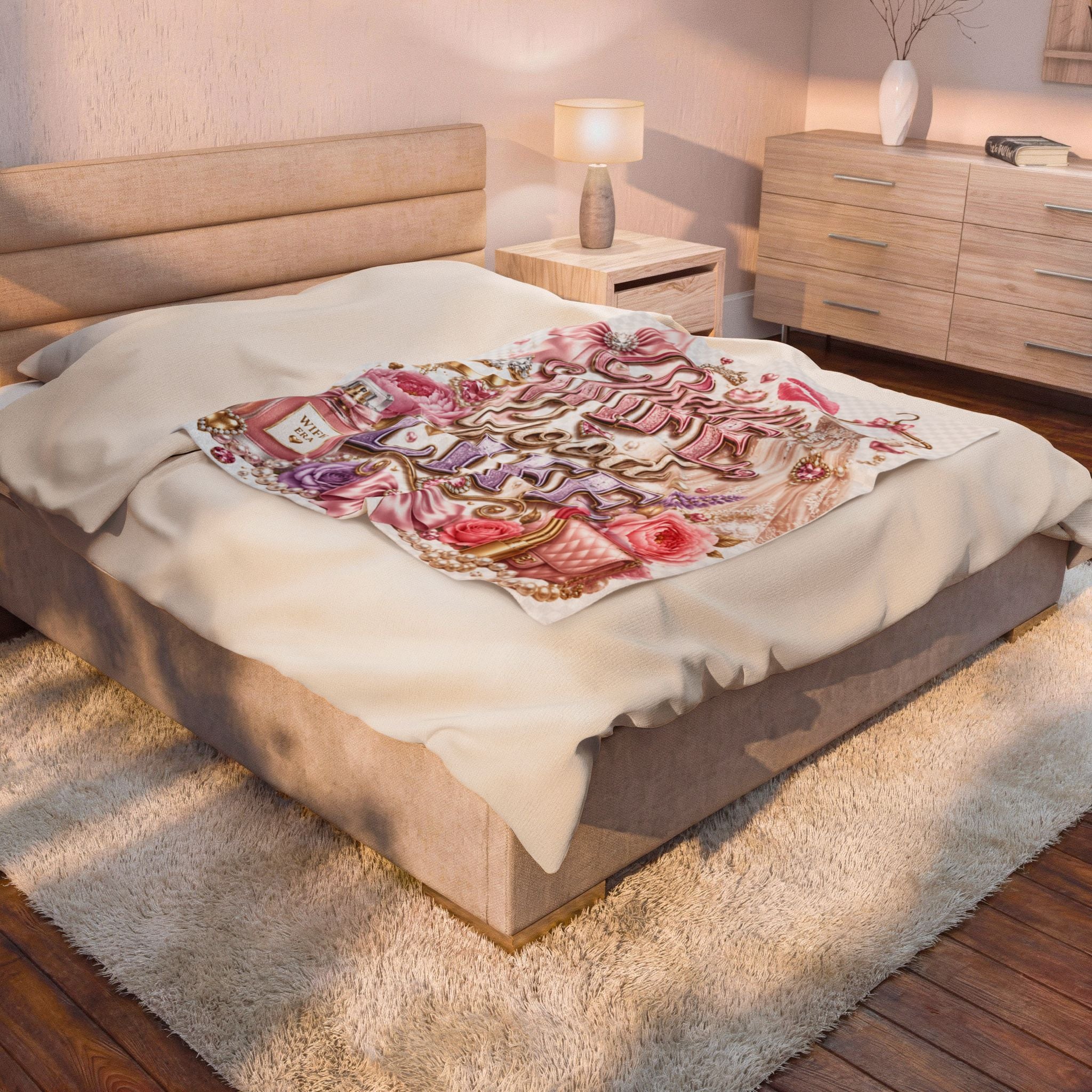 Velveteen Plush Blanket – "Pretty Wife Good Life" Pink Glam Cozy Throw