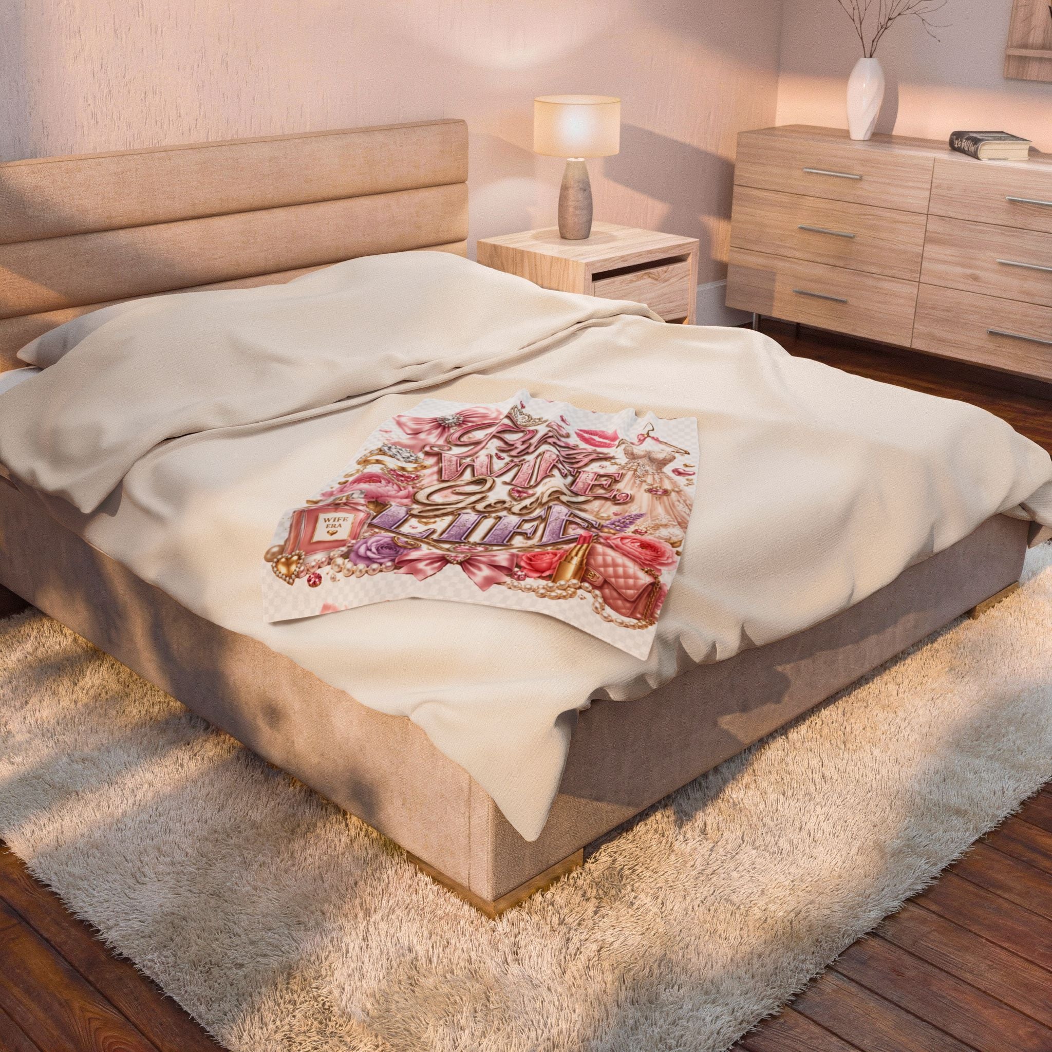 Velveteen Plush Blanket – "Pretty Wife Good Life" Pink Glam Cozy Throw