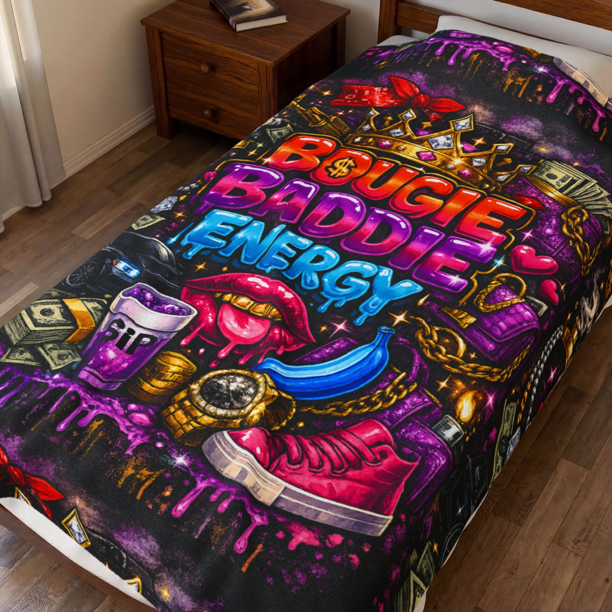 Velveteen Plush Blanket - "Bougie Baddie Energy" Colorful Luxe Throw for Trendy Teens & Young Adults